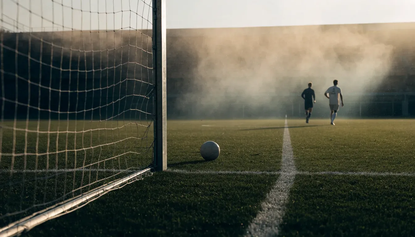 Ein Torpfosten mit Netz steht im Gegenlicht auf einem leeren Fussballplatz, über dem Rasen liegt Nebel.