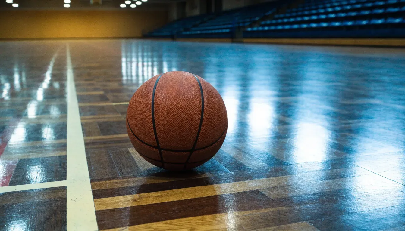 Ein Basketball liegt auf dem Parkett einer leeren Sporthalle im Licht der Deckenlampen.