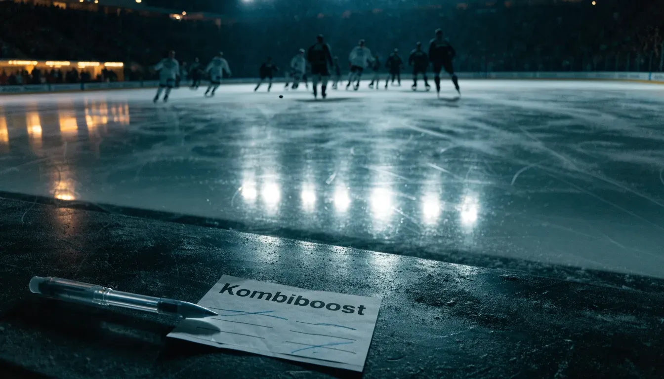 Ein Eishockeyschläger lehnt an der Bande einer leeren Halle, auf dem Eis spiegeln sich die Deckenlampen.