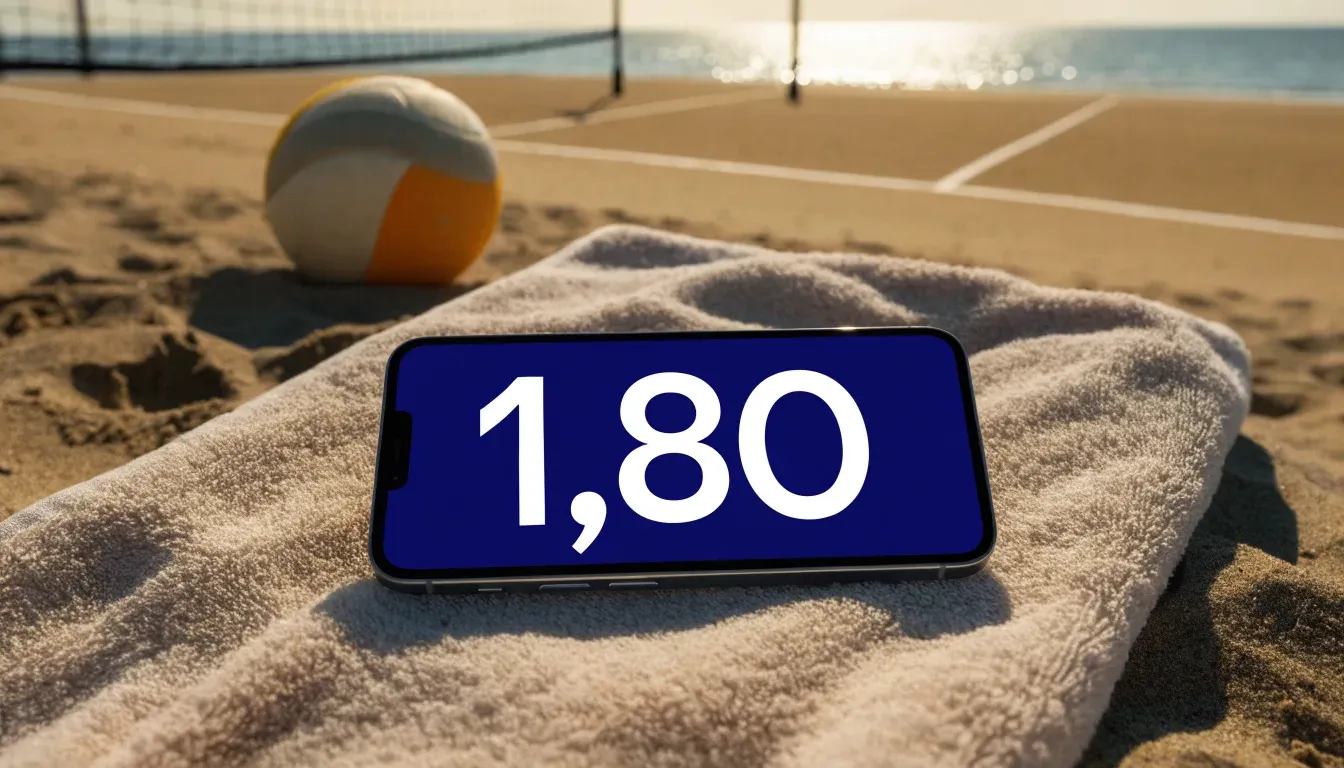 Ein Volleyball liegt auf dem Sand eines Strandfeldes am Seeufer, im Hintergrund glitzert das Wasser.