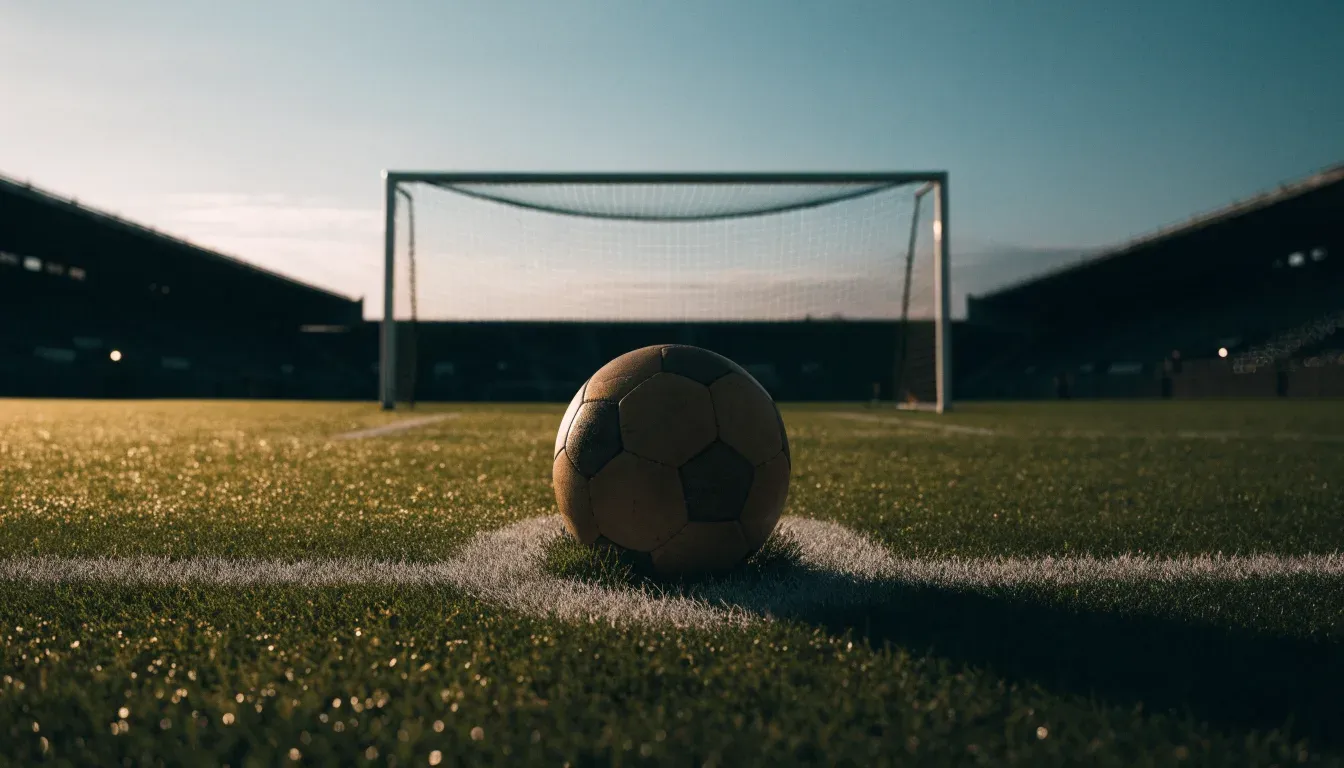 Ein einzelner Fussball liegt auf dem Elfmeterpunkt eines leeren Strafraums, der Rasen glänzt nass.