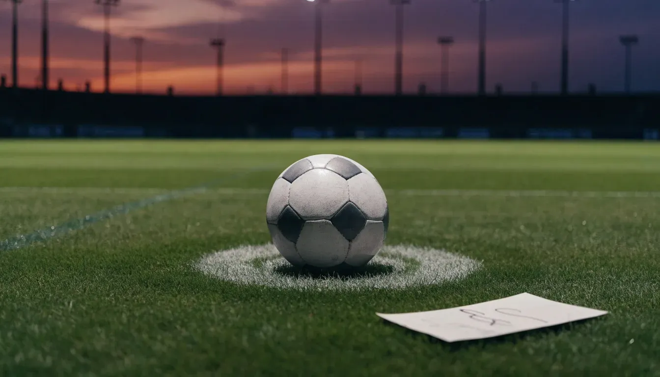 Ein Fussball liegt auf dem Mittelpunkt eines leeren Rasenplatzes, im Hintergrund ragen Flutlichtmasten in die Abenddämmerung
