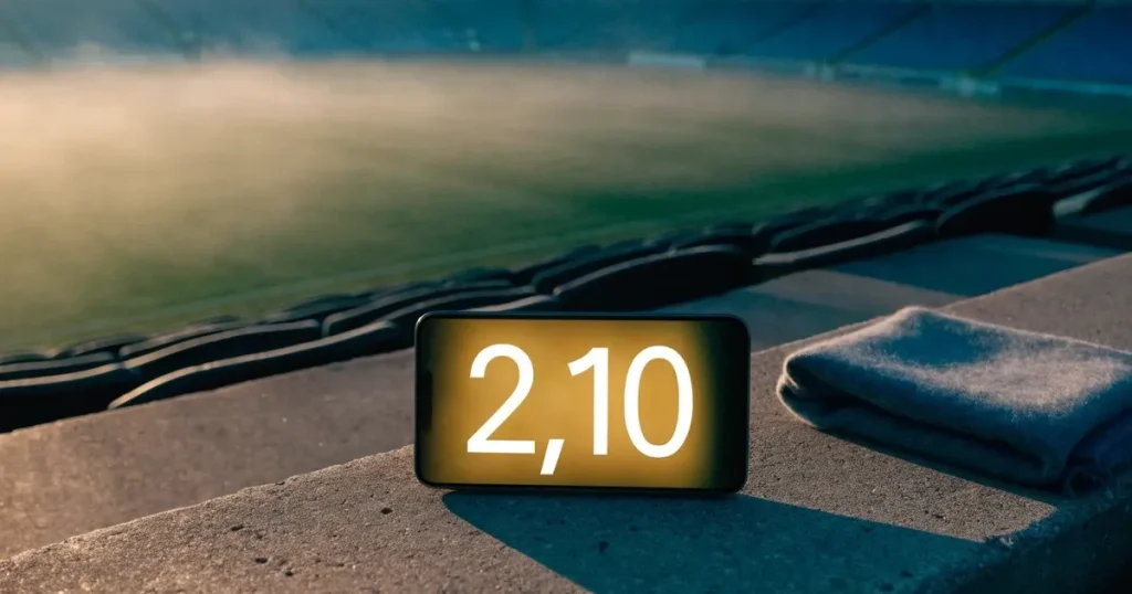 Ein einfarbiger grauer Schal liegt auf einer leeren Betontribüne, Raureif auf den Sitzen, kühles Morgenlicht über dem Stadion
