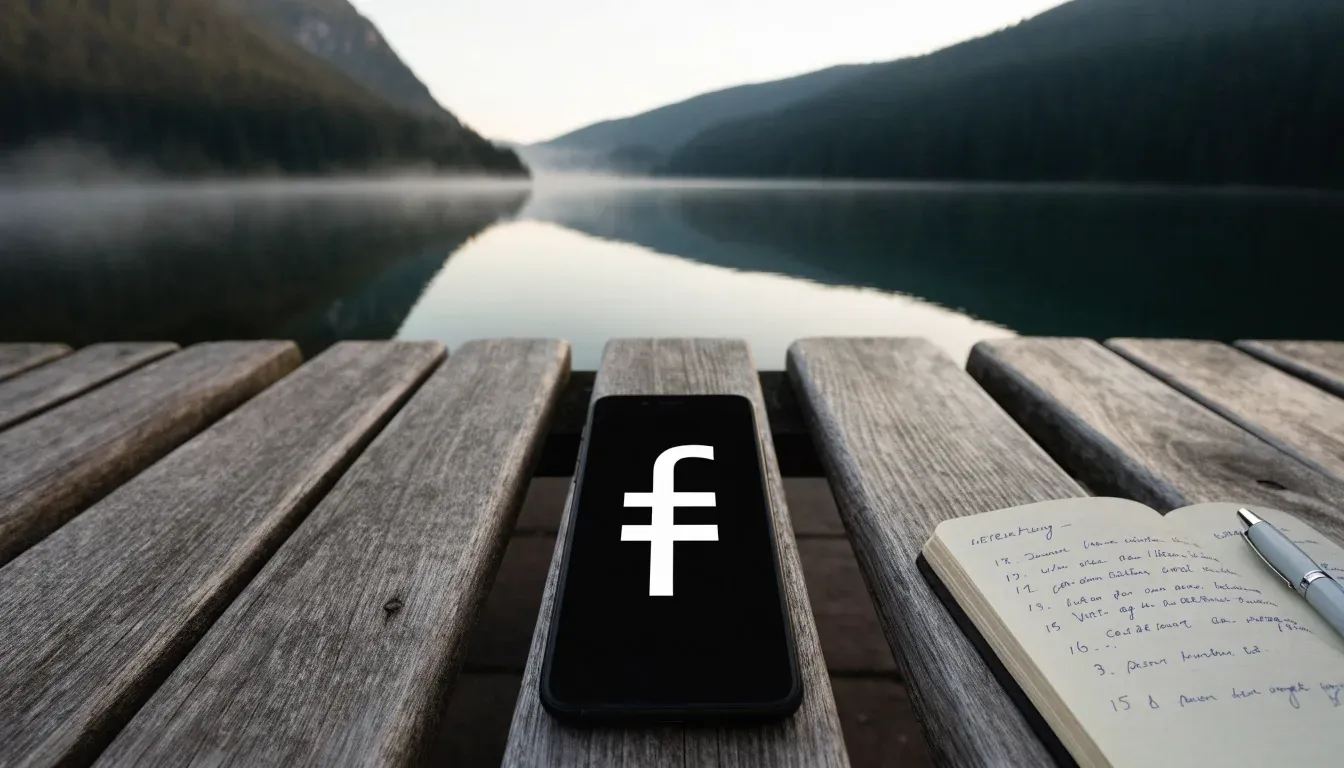 Eine Holzbank am Ufer eines ruhigen Bergsees, am gegenüberliegenden Ufer steigen dunkle Hänge in den Frühnebel