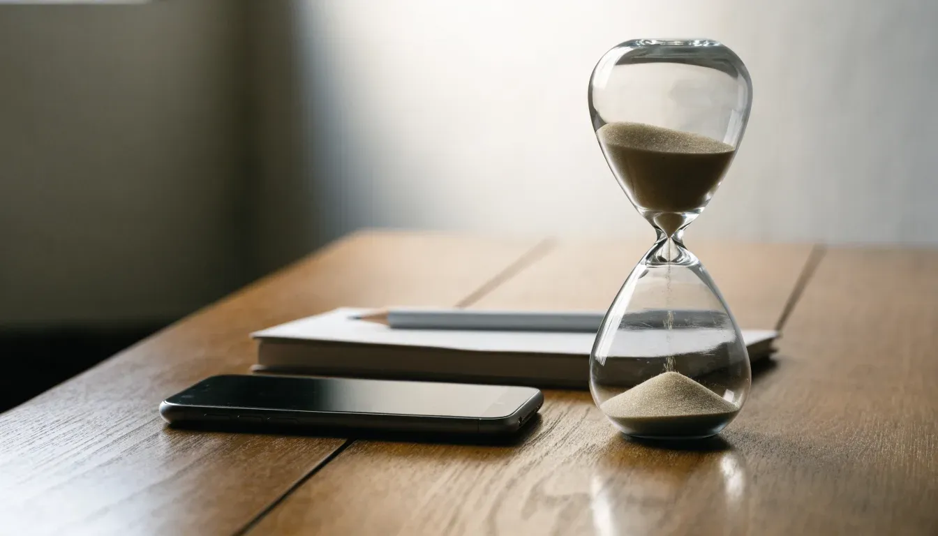 Eine Sanduhr steht neben einem Smartphone mit dunklem Display auf einem Holztisch, ruhiges Tageslicht fällt von der Seite ein