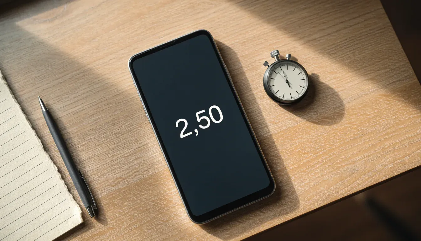 Eine Stoppuhr und ein Smartphone mit dunklem Display liegen nebeneinander auf einem Holztisch, weiches Fensterlicht