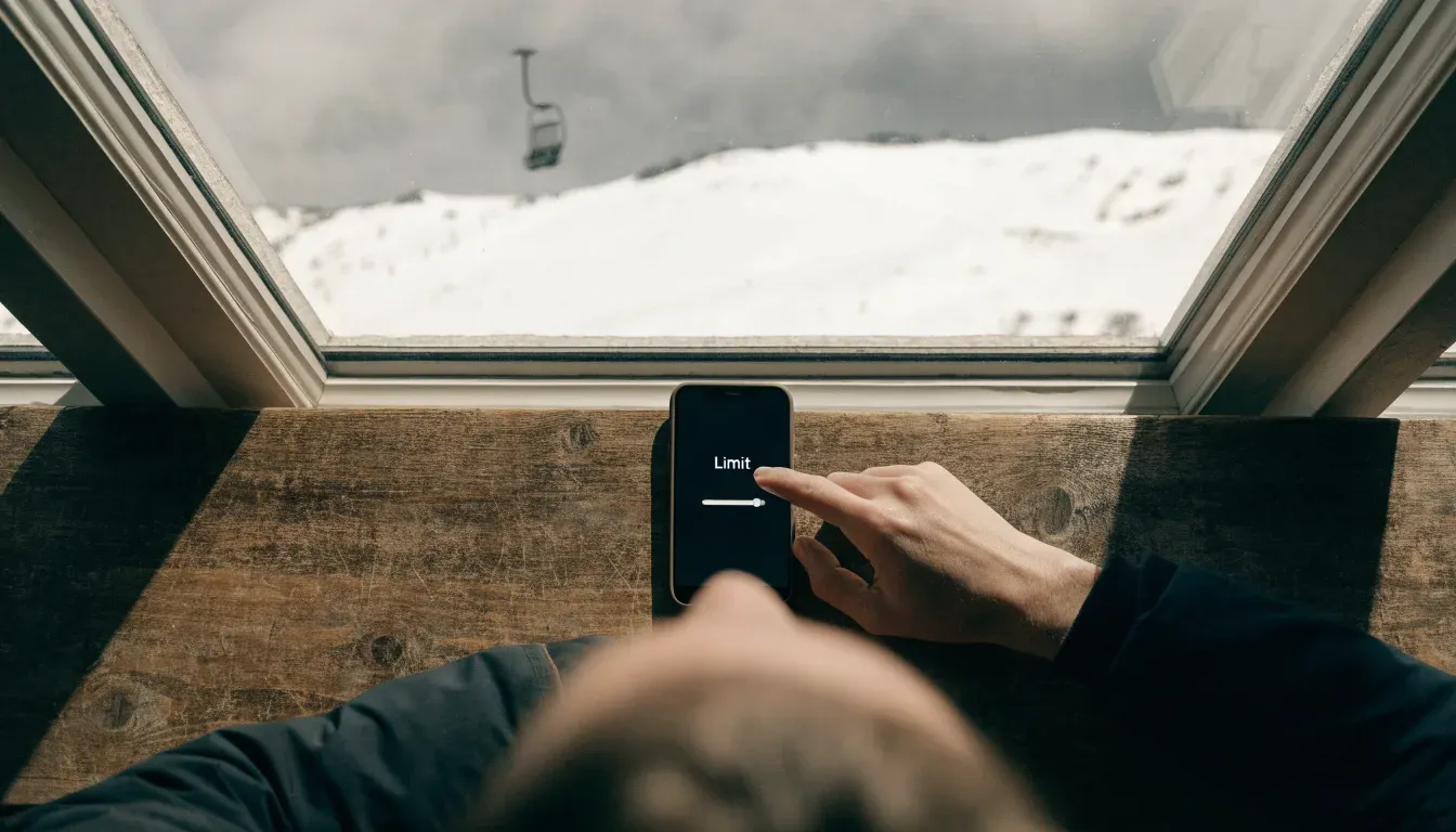 Ein Sessel eines Skilifts schwebt über einer verschneiten Hangkante, dahinter ziehen graue Wolken auf