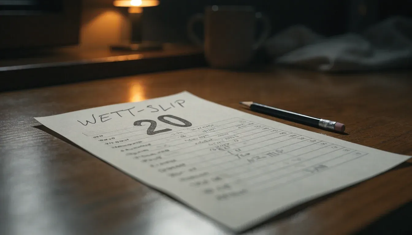 Ein leerer Wettschein aus Papier und ein Bleistift liegen auf einem Holztresen, warmes Licht einer Lampe