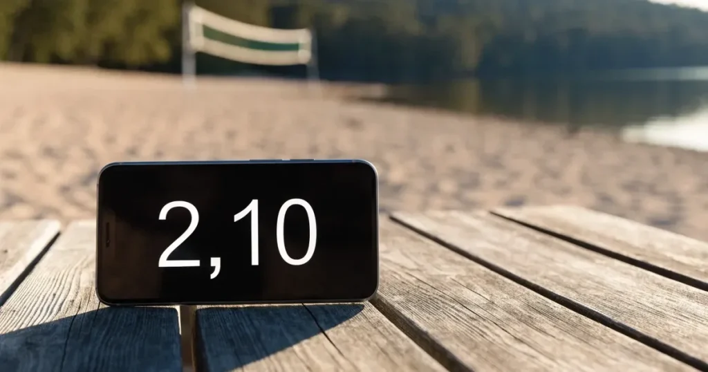 Ein Volleyballnetz am Sandstrand eines Sees, späte Nachmittagssonne, das Wasser liegt glatt im Hintergrund