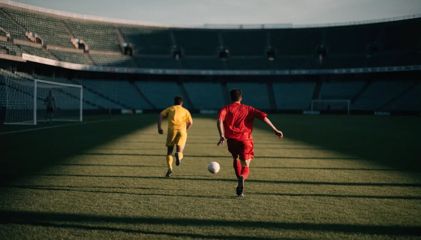 Eine leere Stadiontribüne bei Sonnenaufgang aus der Ferne, lange Schatten fallen über die Sitzreihen