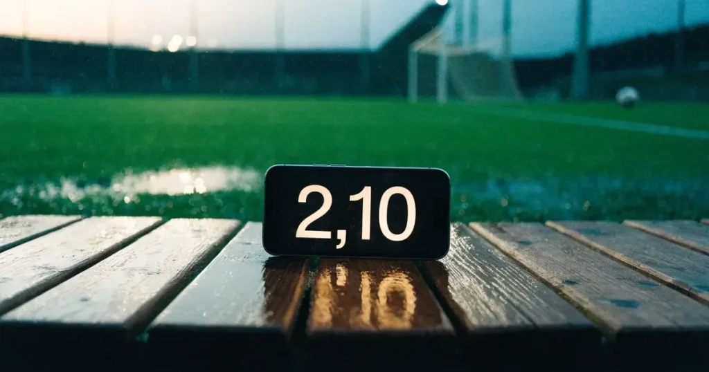 Ein Fussballplatz mit Kunstrasen im Regen, Pfützen spiegeln das Licht der Flutlichtmasten