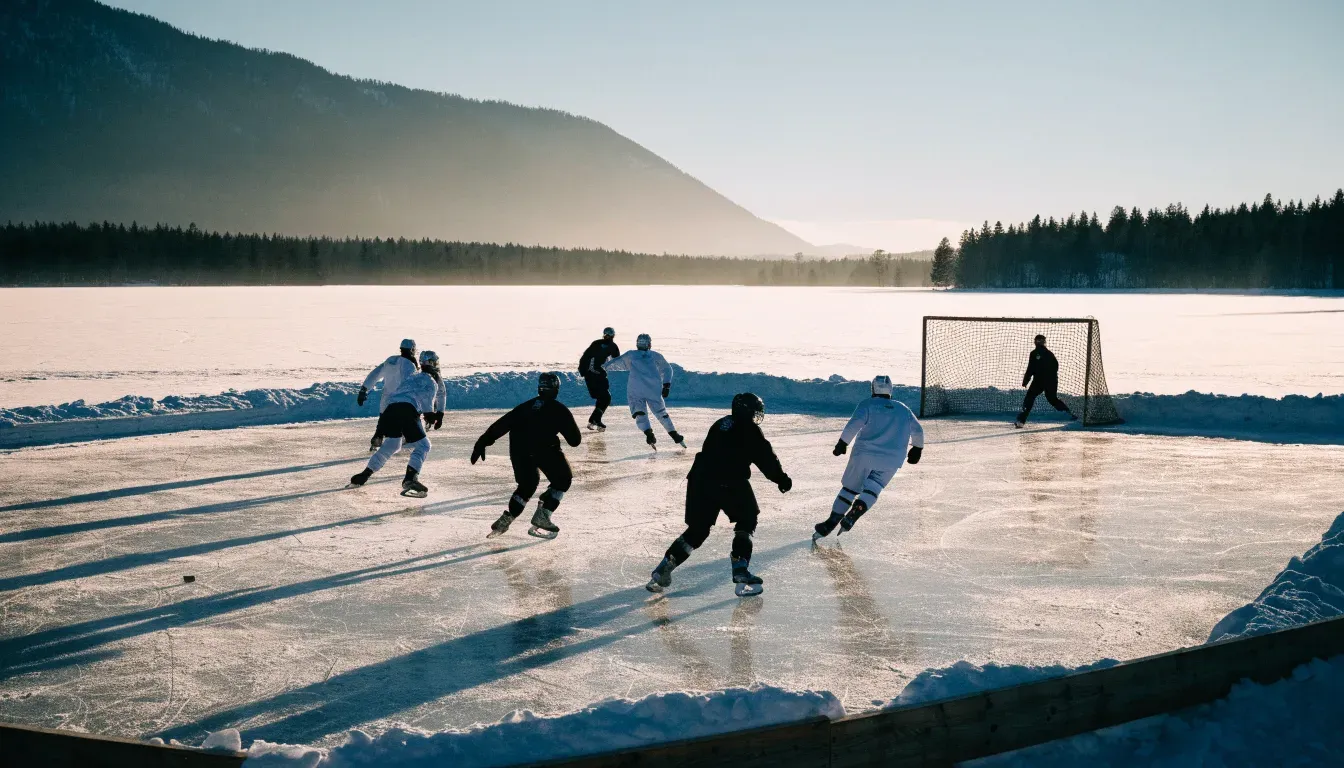 Ein Eishockeyfeld im Freien auf einem zugefrorenen See, Schneewehen an den Banden, klare Winterluft