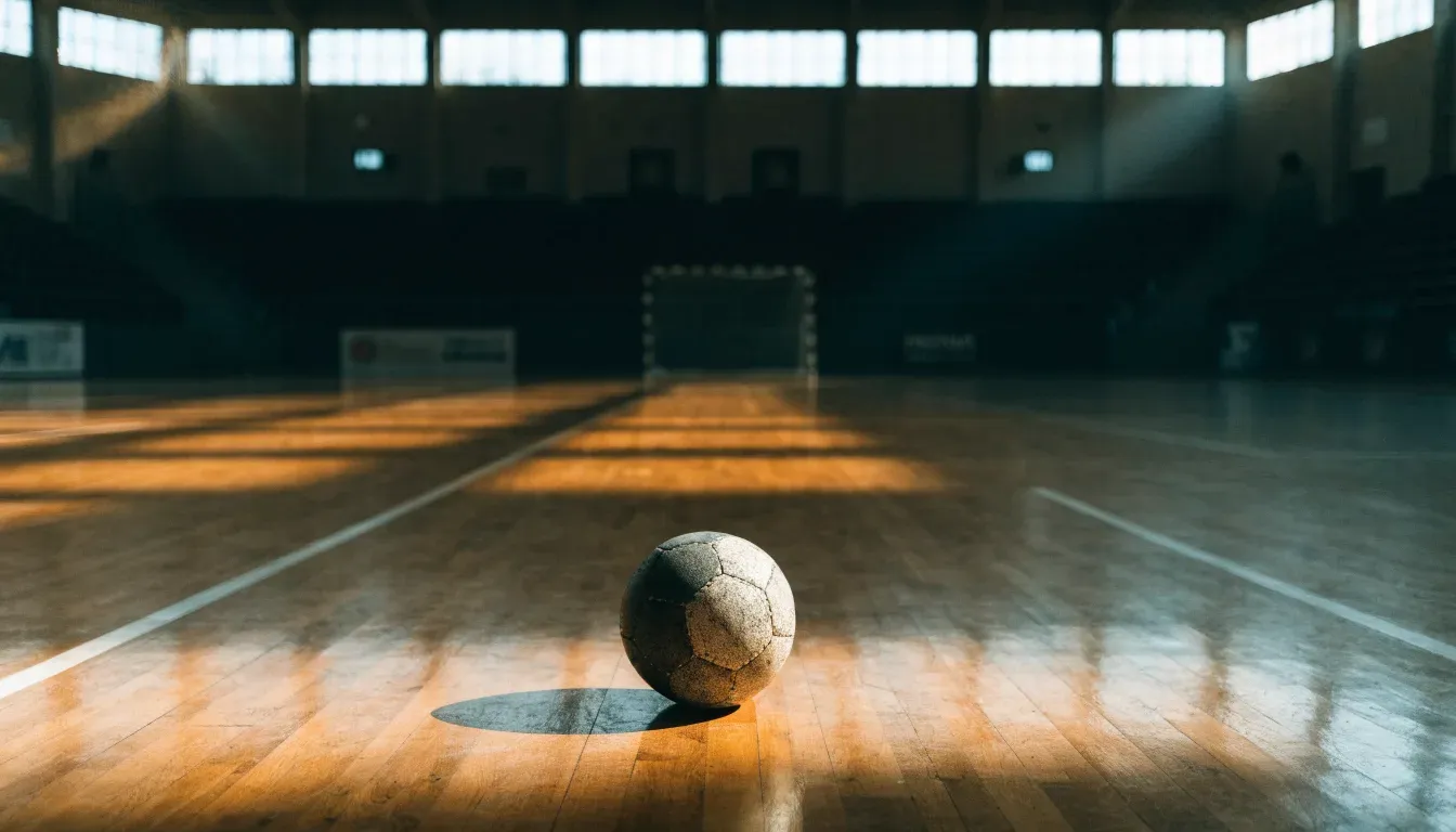Ein Handball liegt auf dem Hallenboden einer leeren Sporthalle, Streifen von Licht aus den Oberlichtern