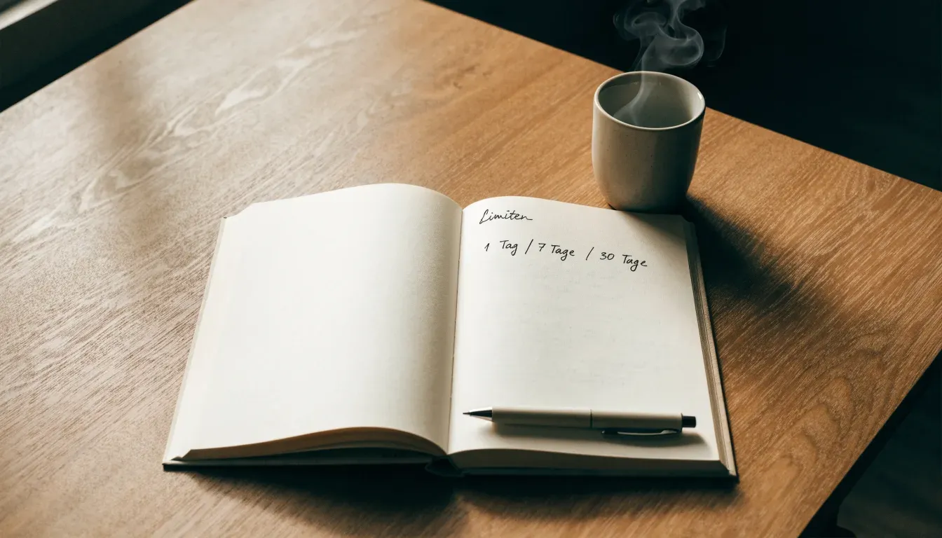 Eine Sanduhr steht neben einem Notizbuch mit handschriftlichen Notizen auf einem Holztisch, daneben dampft eine Tasse Tee.