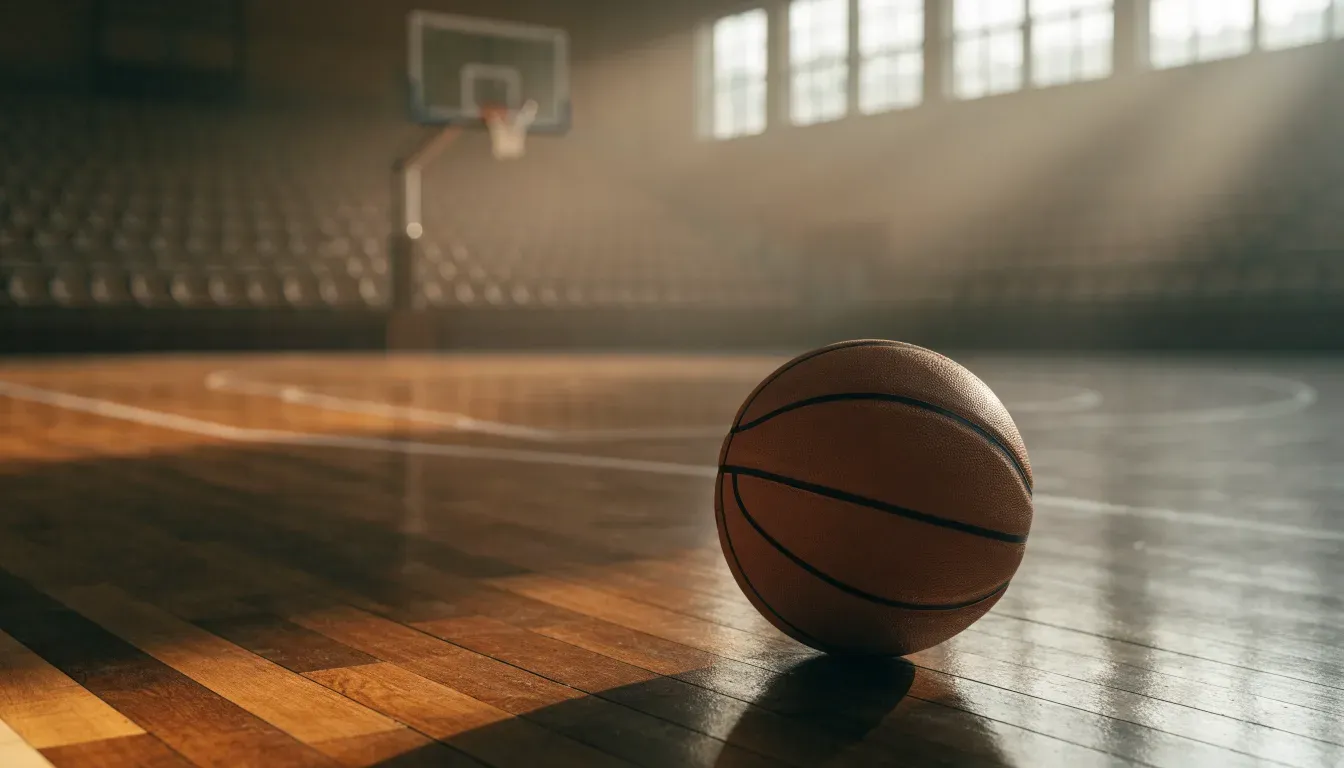 Ein Basketball ruht auf dem polierten Parkett einer leeren Halle, Nachmittagslicht fällt durch hohe Fenster.
