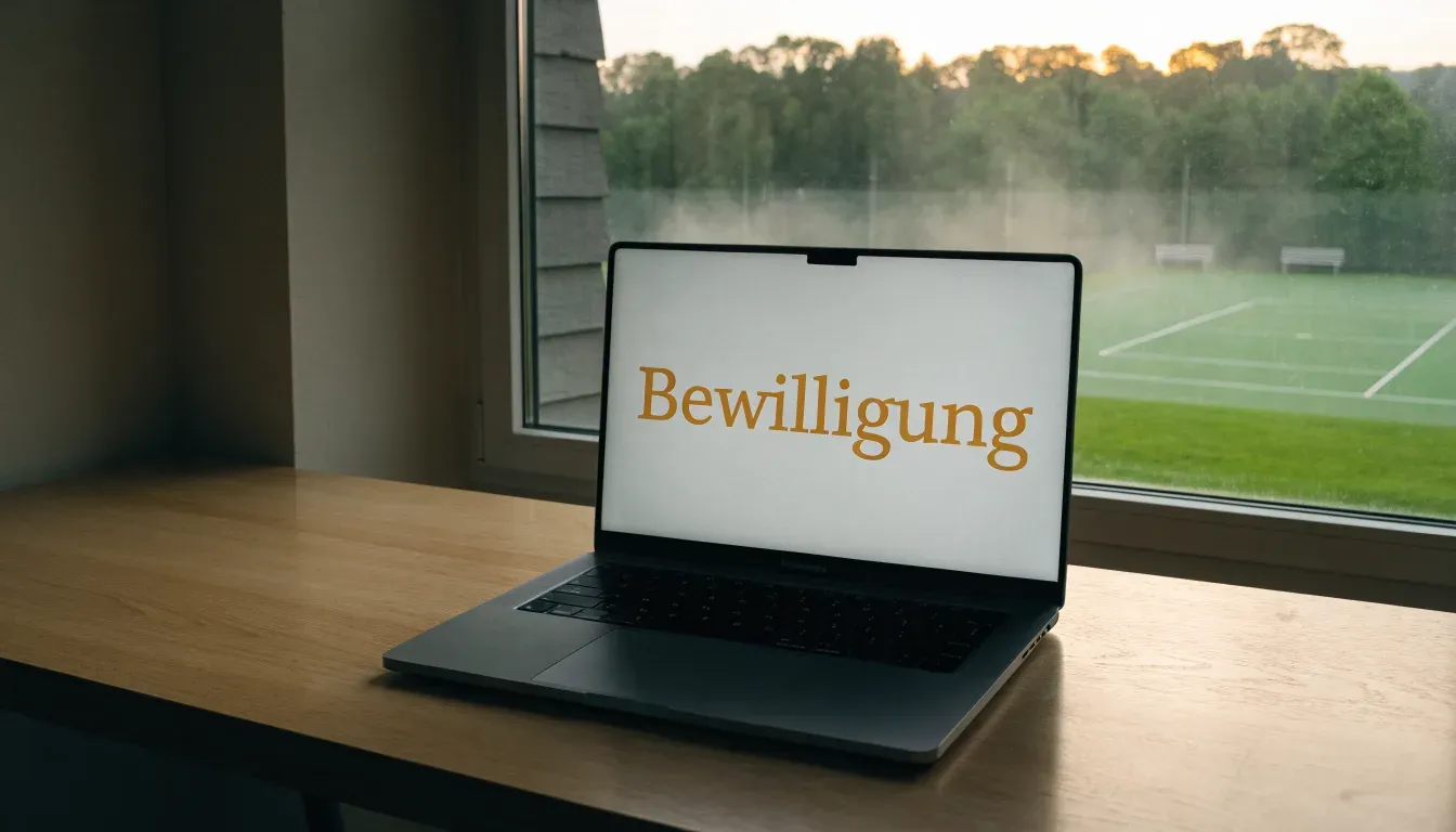 Ein gepflegter Tennisplatz im Morgengrauen, über der Grundlinie hängt leichter Nebel und die Bänke am Rand sind leer.