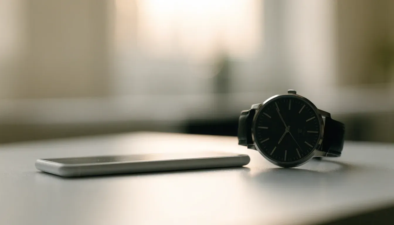 Ein Smartphone liegt mit dem Display nach unten auf einem Tisch neben einer Armbanduhr, im Hintergrund ein unscharfes Fenster.