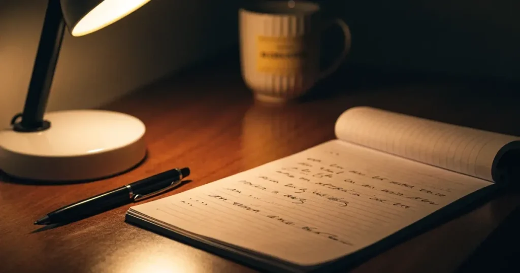 Eine Schreibtischlampe beleuchtet am späten Abend einen Block mit handschriftlichen Notizen und einen Stift.