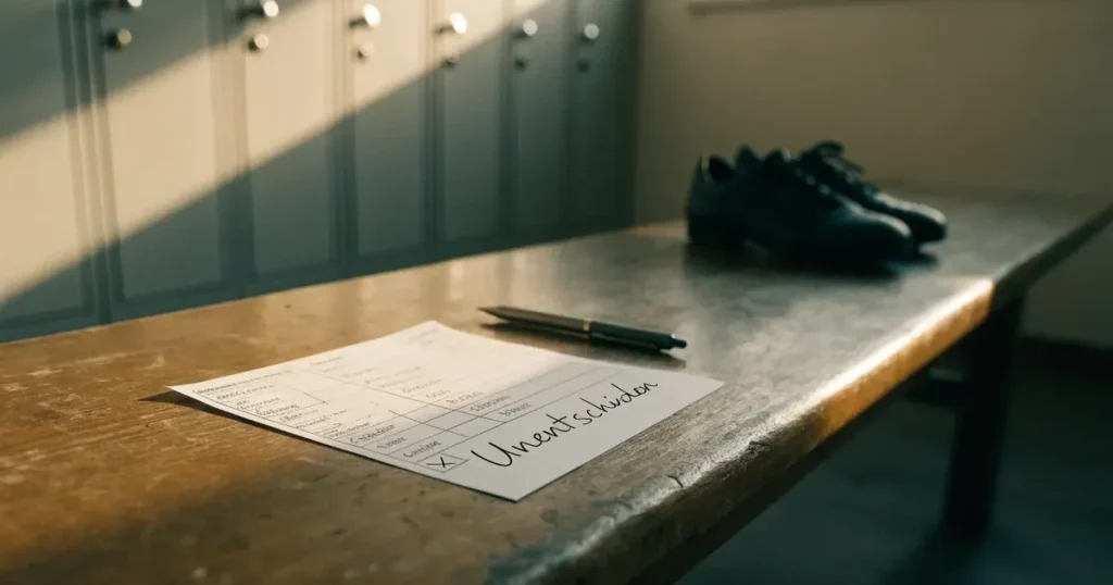 Zwei Fussballschuhe stehen nebeneinander auf einer Holzbank in einer leeren Umkleidekabine.