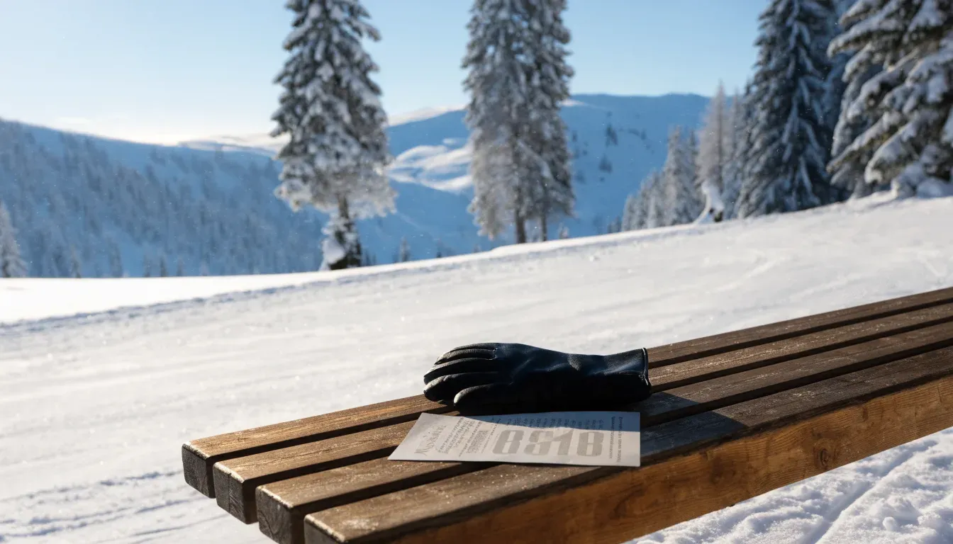 Ein Skihang mit frischen Spuren im Neuschnee unter blauem Himmel, am Rand stehen verschneite Tannen.