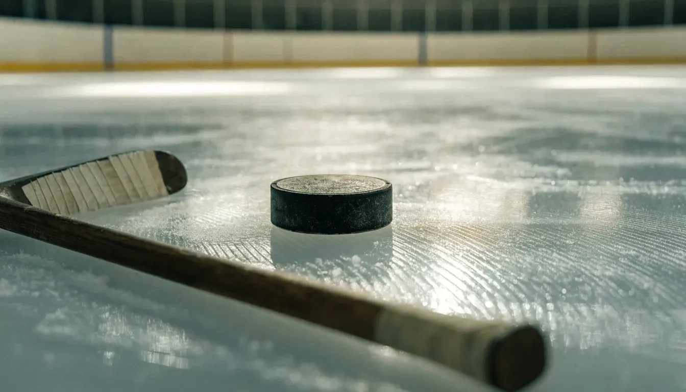 Ein Eishockeypuck und ein Schläger liegen auf einer glänzenden Eisfläche, im Hintergrund verschwimmen leere Banden.