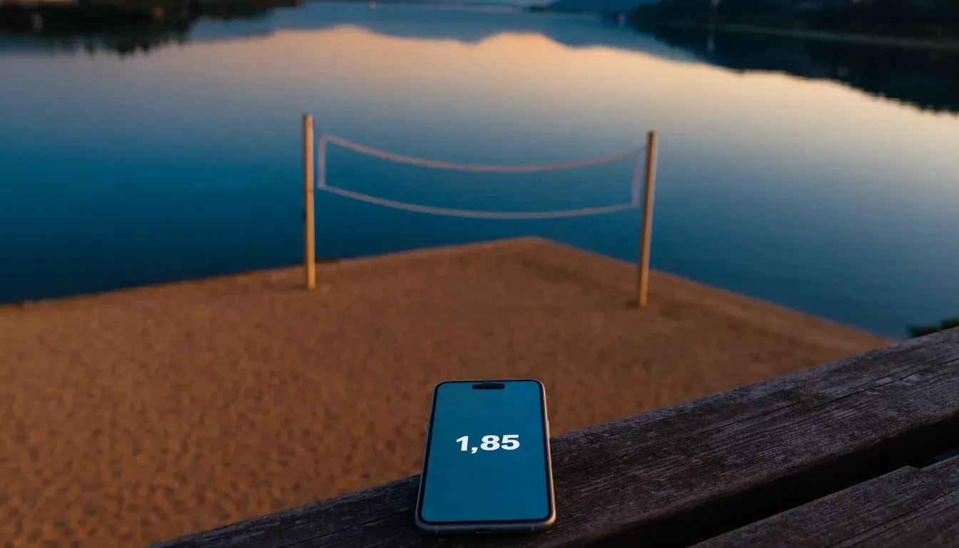 Ein Volleyballnetz steht an einem Seeufer in der Abenddämmerung, der Sand ist leer und das Wasser glatt.
