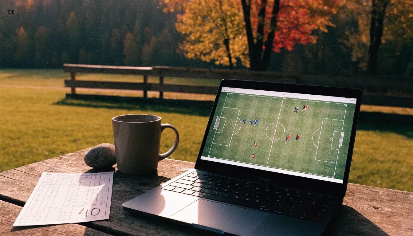 Eine leere Holztribüne steht am Waldrand neben einem kleinen Sportplatz im Herbstlicht.