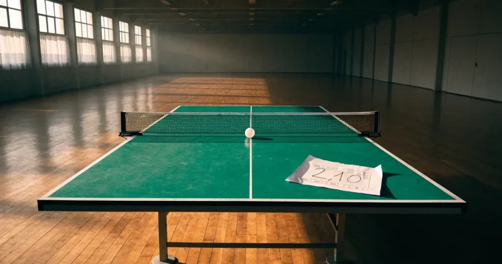 Eine Tischtennisplatte steht in einer leeren Sporthalle, ein einzelner Ball liegt am Netz und Tageslicht fällt von der Seite ein.