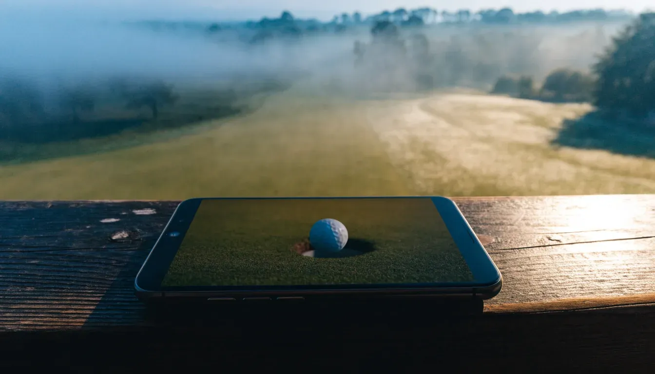 Ein Golfgrün bei Sonnenaufgang mit Tau auf dem Rasen, die Fahnenstange fehlt und im Hintergrund ziehen Nebelschwaden.