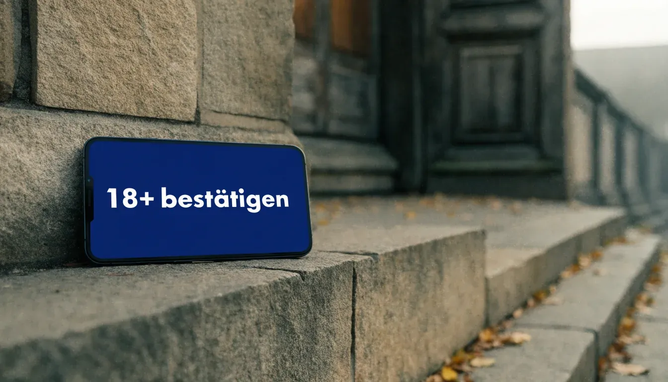 Eine breite Steintreppe führt zum Eingang einer Tribüne, Herbstlaub liegt auf den Stufen.
