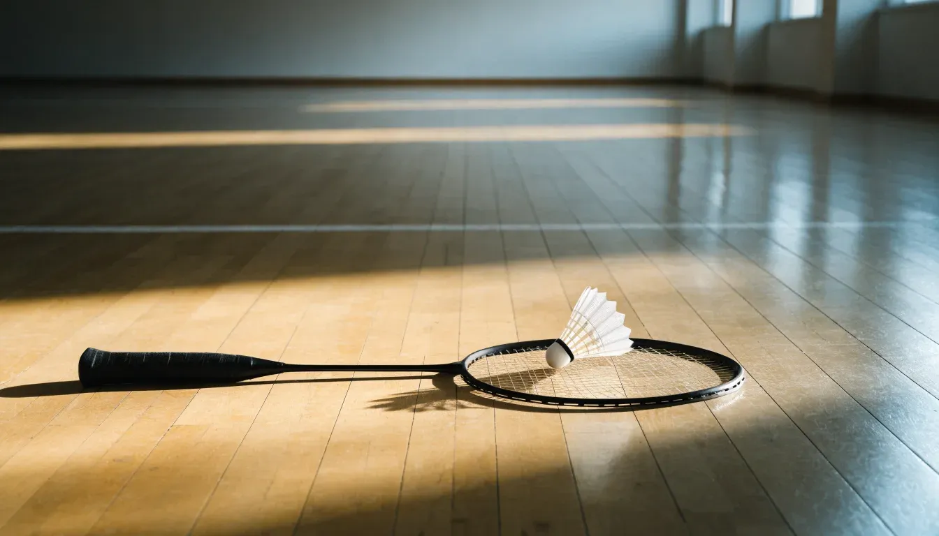 Ein Badmintonschläger liegt neben einem Federball auf dem hellen Hallenboden eines leeren Spielfelds.