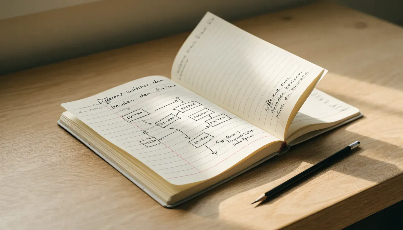 Ein aufgeschlagenes Notizbuch mit handgezeichneten Skizzen aus Kästchen und Pfeilen liegt neben einem Bleistift auf einem hellen Holztisch.