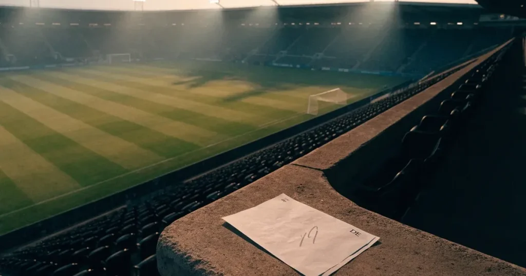 Ein menschenleerer Fussballplatz mit frisch gemähtem Rasen unter Flutlichtmasten in der Abenddämmerung, aus erhöhter Perspektive fotografiert.