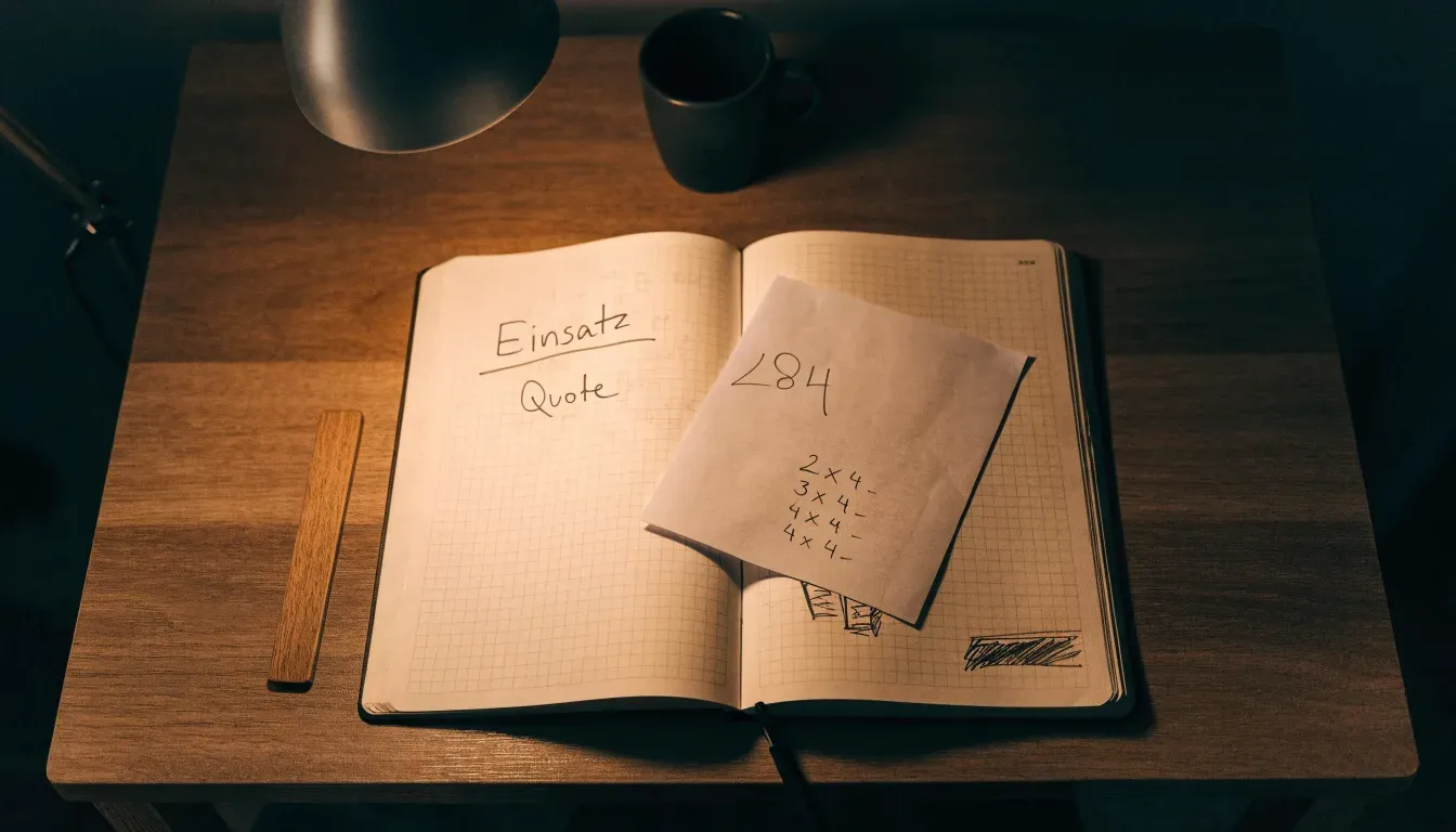Eine Schreibtischlampe beleuchtet ein kariertes Heft mit handschriftlichen Skizzen, daneben liegt ein Lineal aus Holz.