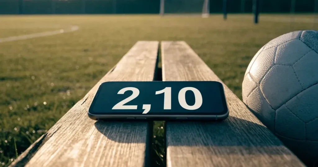 Ein Smartphone mit dunklem Bildschirm liegt neben einem Fussball auf einer Holzbank am Rand eines Trainingsplatzes im Morgenlicht.