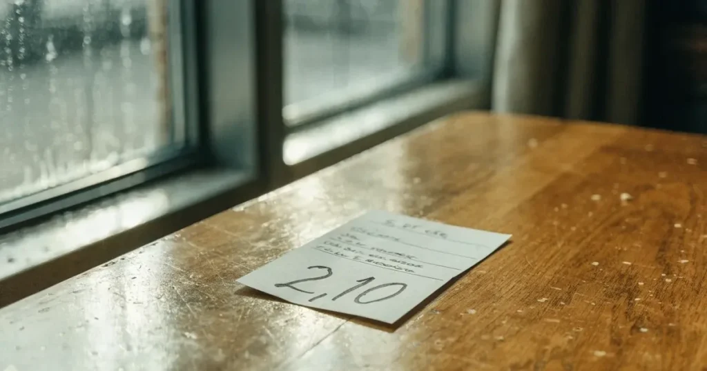 Eine kleine Pappschachtel, mit Schnur zugebunden, steht auf einem Fensterbrett, draussen ein verregneter Hinterhof.