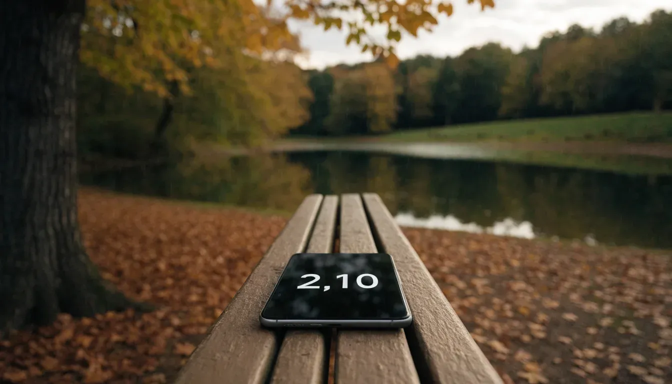 Eine Parkbank unter einer Kastanie, Herbstlaub bedeckt den Kiesweg, im Hintergrund ein stiller Teich.