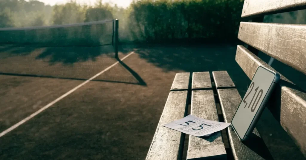 Ein Tennisplatz bei Sonnenaufgang mit gespanntem Netz und feuchtem Sandbelag, niemand steht auf dem Platz.