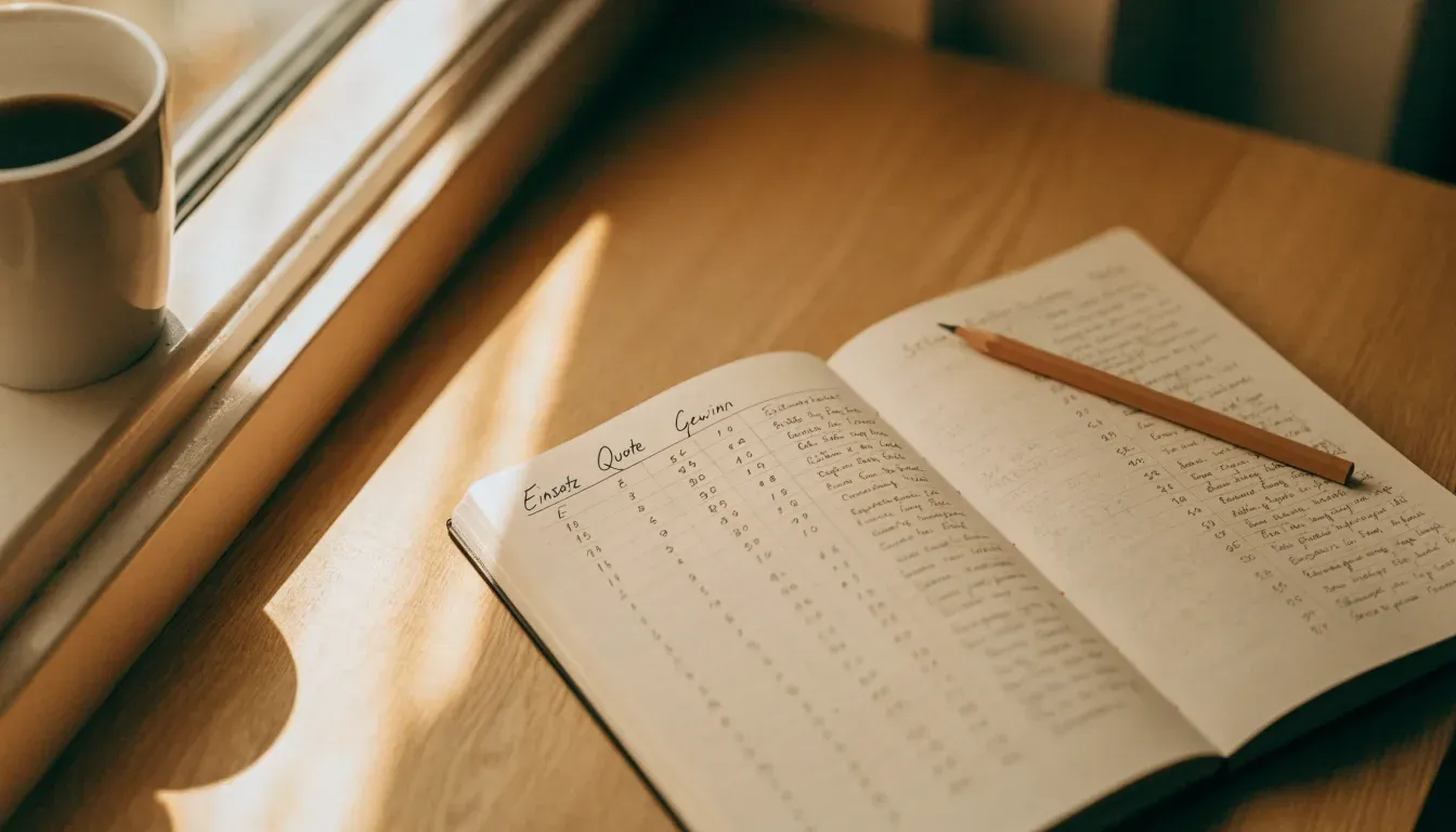 Ein aufgeschlagenes Notizbuch mit handschriftlichen Spalten und ein Bleistift liegen auf einem Holztisch neben einem Fenster.