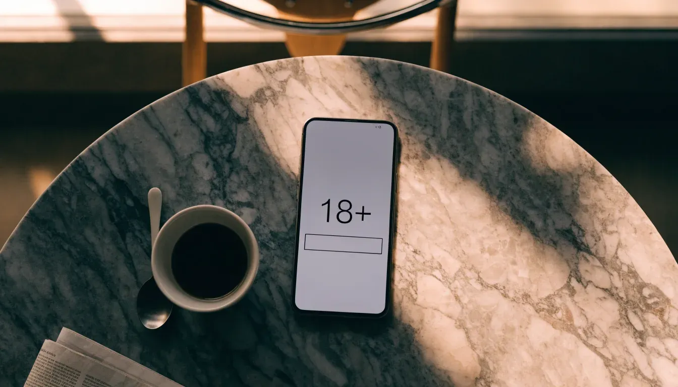 Ein Smartphone liegt mit der Rückseite nach oben auf einem Kaffeehaustisch neben einer Tasse und einem Löffel.