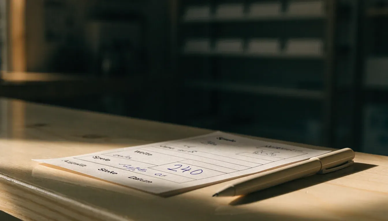 Ein unbeschriebener Papierwettschein und ein Kugelschreiber liegen auf einer hölzernen Ladentheke im Tageslicht.