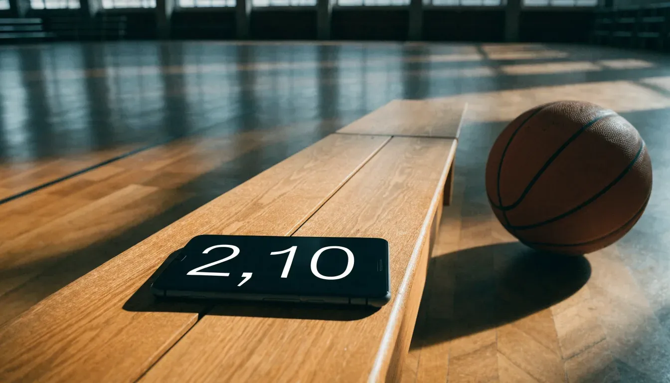 Ein Basketball ruht auf dem Parkett einer leeren Sporthalle, durch hohe Fenster fällt Tageslicht.