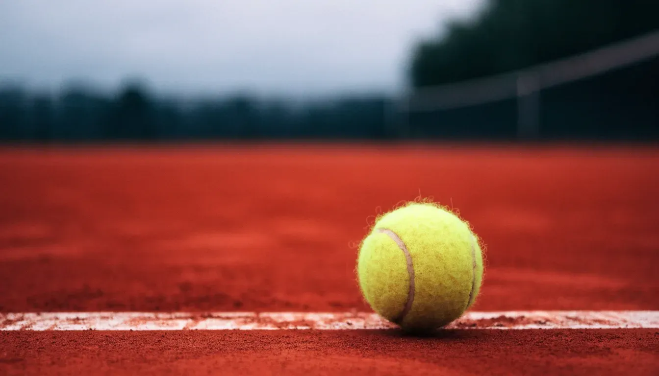 Ein Tennisball liegt auf rotem Sand neben einer verblassten Linie, das Licht ist weich.