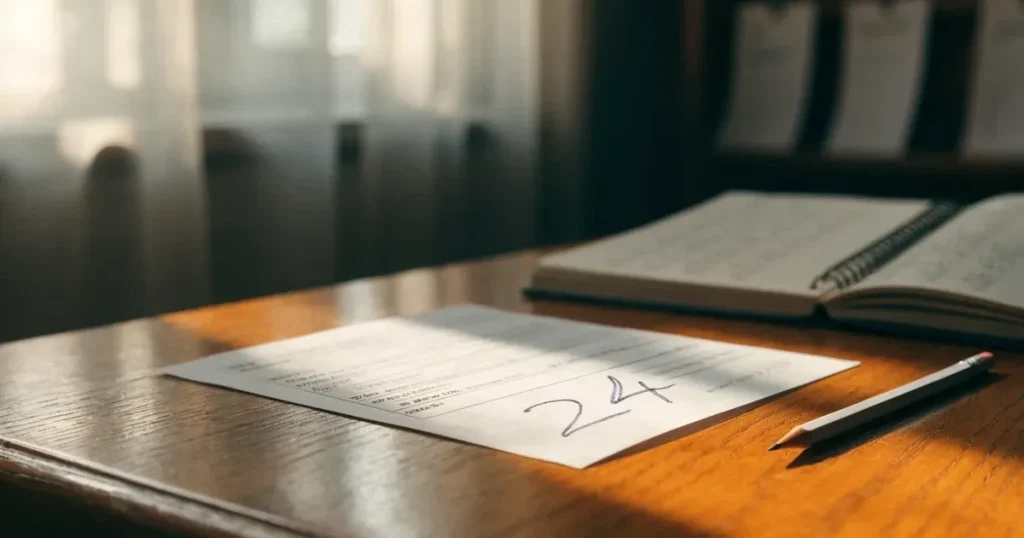 Ein Stapel unbeschriebener Karteikarten, von einem Gummiband gehalten, liegt auf einem Schreibtisch neben einem Bleistift.
