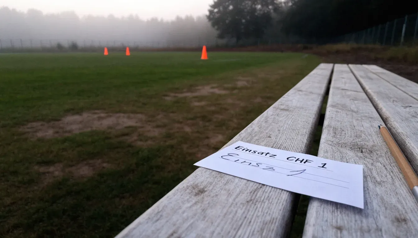 Orange Pylonen stehen auf einem Trainingsplatz im Nebel, die Ränder des Platzes verschwimmen im Dunst.
