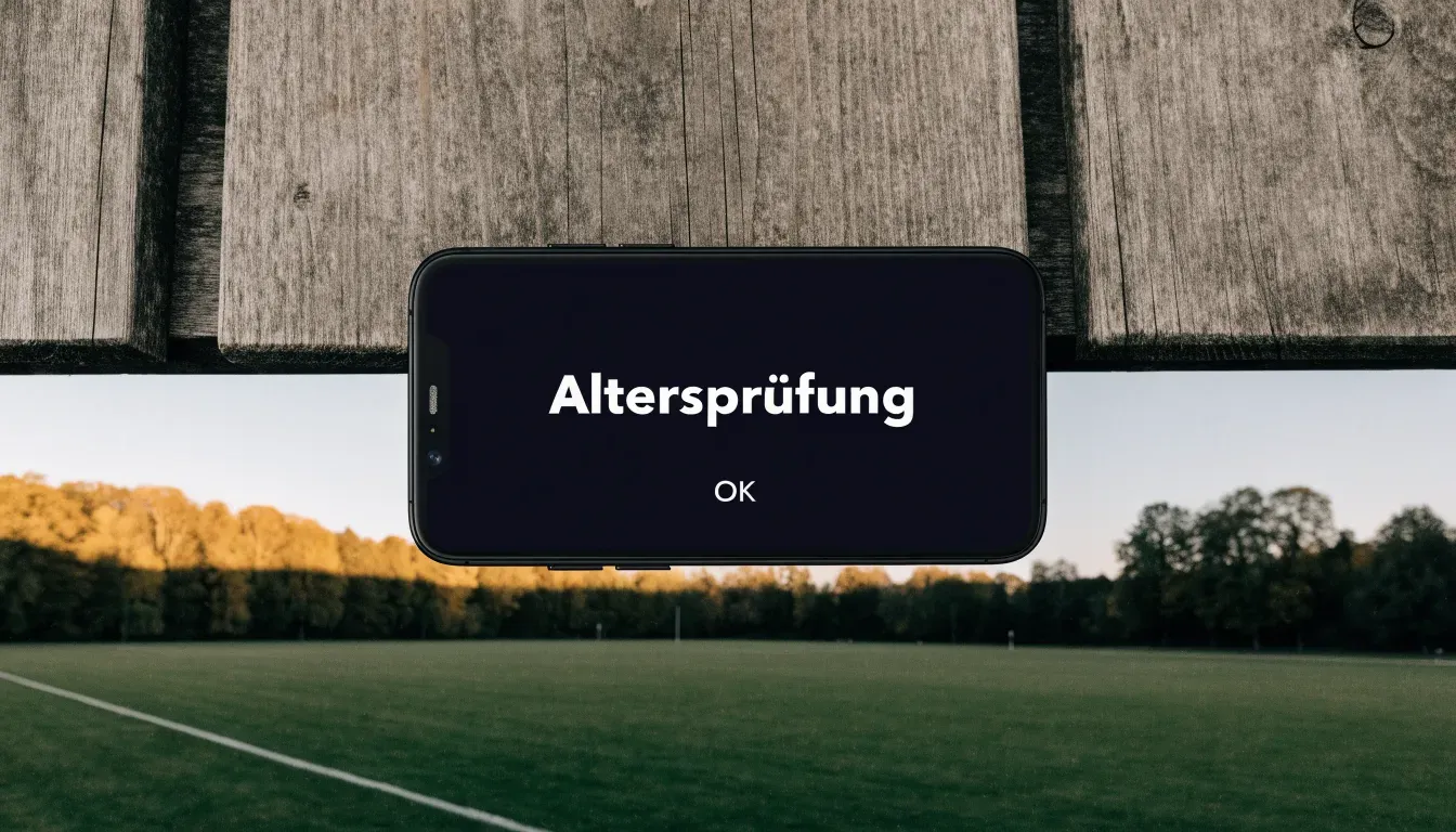 Eine hölzerne Bank steht an der Seitenlinie eines leeren Sportplatzes, dahinter Bäume im Herbstlicht.