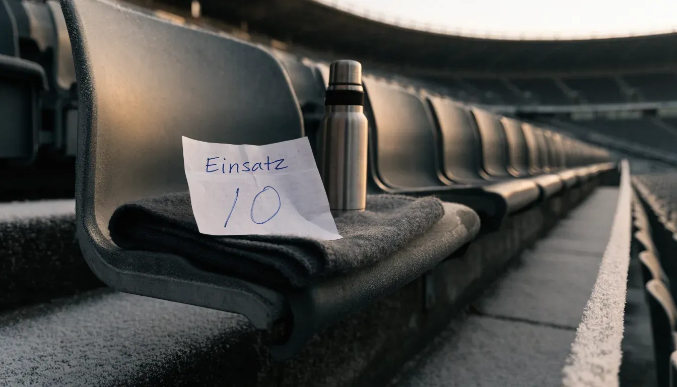 Ein grauer Wollschal und eine Thermoskanne liegen auf einem Sitz im winterlichen Stadion, Raureif liegt auf den Stufen.